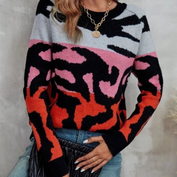 . Sweaters - Animal Print Colorblock Raglan long Sleeve Knit Sweater Top